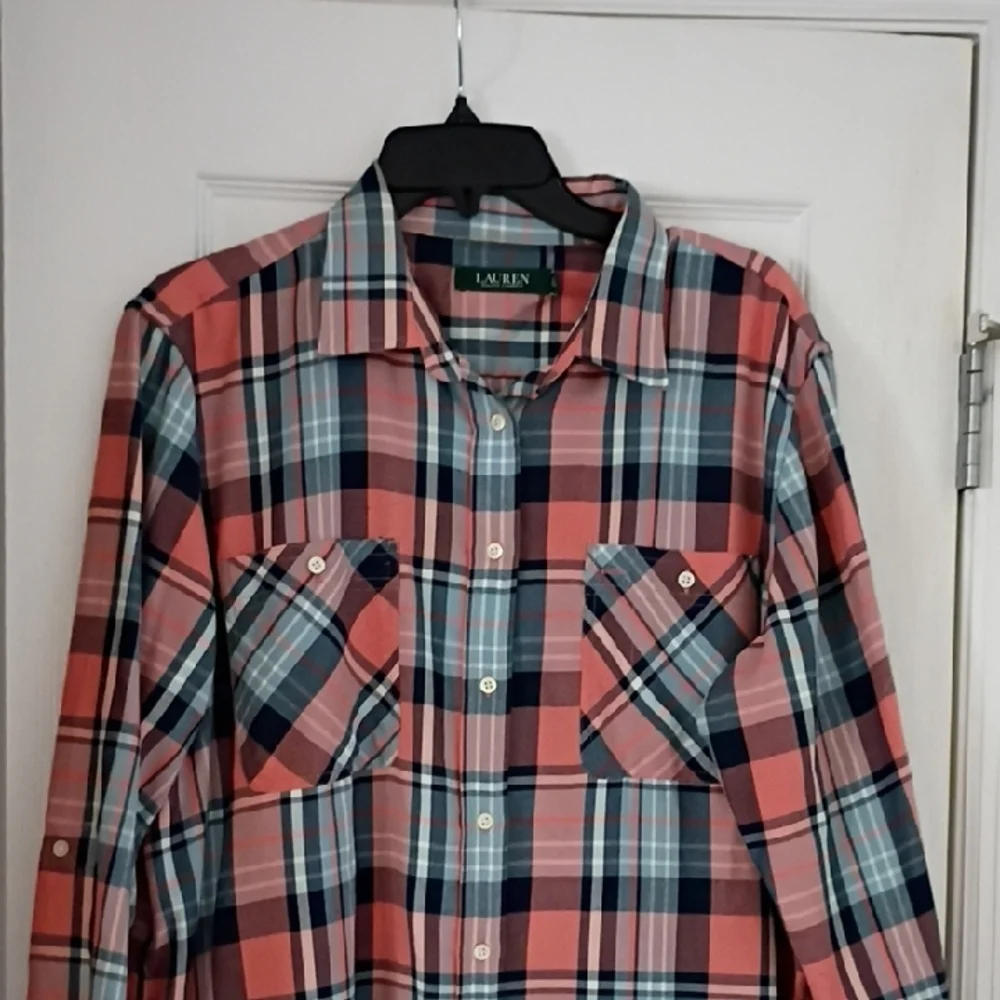 Ralph Lauren Women's Plaid Oxford Button Down Shirt, XL - Picture 2 of 10